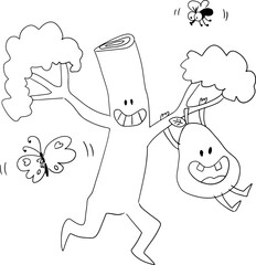 A funny pear with a big smiling mouth hangs on a branch of a running smiling tree, drawn with crooked grunge lines