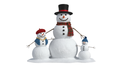 Three snowmen family isolated on white background with hats and scarves for Christmas holiday greetings