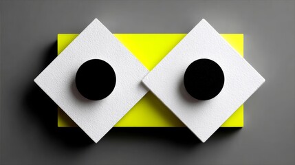 Abstract geometric composition with squares and circles on yellow background.