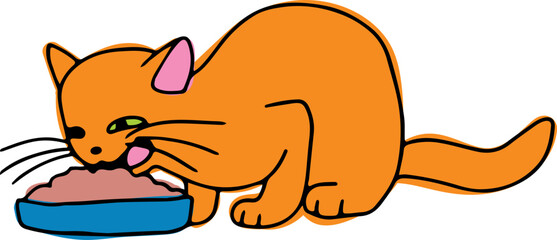 A cute funny ginger cat sits and eats food from a bowl, drawn with crooked grunge lines