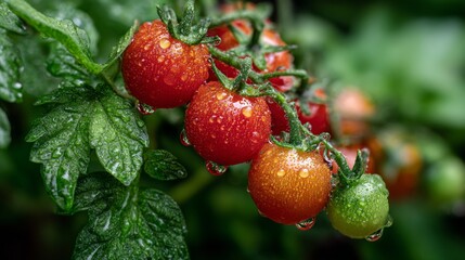 Fresh and Juicy Cherry Tomatoes on Vine with Water Droplets Glistening in Sunlight, Capturing Nature's Bounty and Refreshing Vibrancy of Summer Harvest