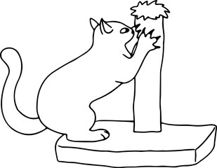 A cute cat stands and sharpens its sharp claws on a scratching post, drawn with crooked grunge lines