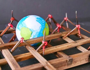 A miniature globe is imprisoned by a handcrafted wooden structure with metal spikes
