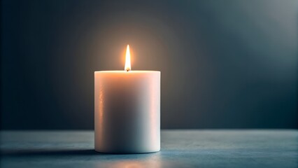A Single White Candle Burns Brightly with a Warm Flame Casting Gentle Light Against a Dark Moody Background