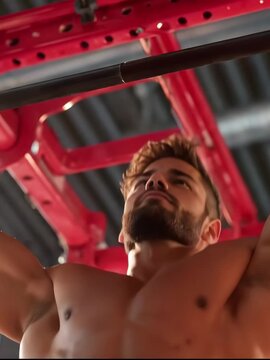 Caucasian man performing pull up exercise in gym. Muscular athlete training for body strength and fitness. Active lifestyle concept.