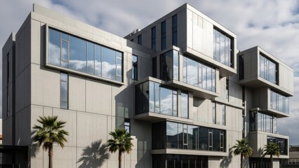 A modern, multi-story building with large glass windows and a neutral gray facade. The structure features a contemporary architectural style with a mix of rectangular and angular shapes.