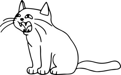 A funny cute meowing cat sits and meows indignantly, drawn with crooked grunge lines