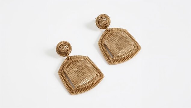 Shield shaped earrings bold structured protective statement contemporary design on plain white background