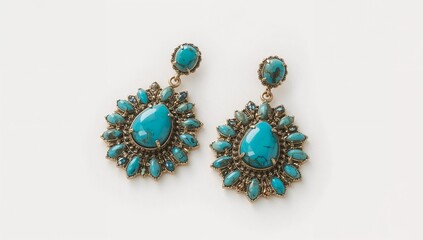 Turquoise gemstone cluster earrings bohemian blue earthy natural charm on plain white background