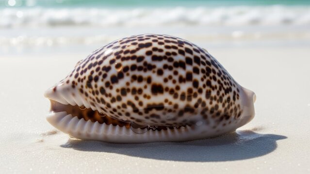 A single cowrie shell with a spotted pattern on a sandy beach.