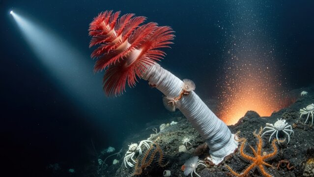 A vibrant red sea creature with white tentacles and a long, white, cylindrical body, surrounded by other marine life and a bright light source in the background. - Powered by Adobe
