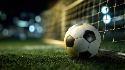 A soccer ball rests in the net after a goal is scored, the dark night sky softly blurred in the background of the field under glowing lights.