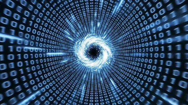 Seamlessly looping digital background of a dark blue binary code tunnel swirling into a central vortex of light and data streams programming, light and data streams, dynamic movement