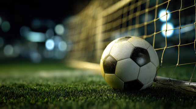 A soccer ball rests in the net after a goal is scored, the dark night sky softly blurred in the background of the field under glowing lights.