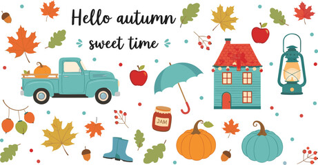 Vector Collection of Autumn and Fall Season Elements, Including Maple Leaves, Pumpkins, Red Truck, Umbrella, and Cozy House, Ideal for Thanksgiving, Harvest, and Seasonal Greetings. © MdMunzurul