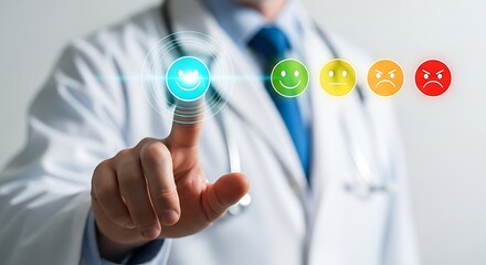 Doctor selecting the best patient satisfaction rating on a digital feedback scale with glowing icons