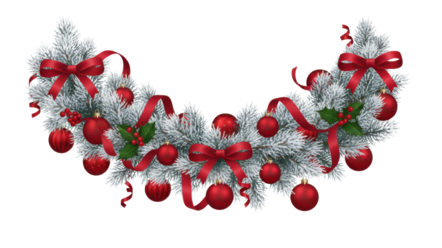 Traditional Christmas Snowy Garland with Red Ornaments and Ribbon Isolated on White Background - Powered by Adobe