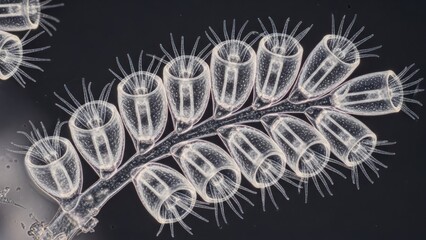 Microscopic view of a plant with numerous small, transparent structures.
