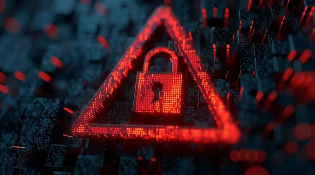 Digital padlock warning triangle over code highlights ransomware breach and urgent cybersecurity threat detection