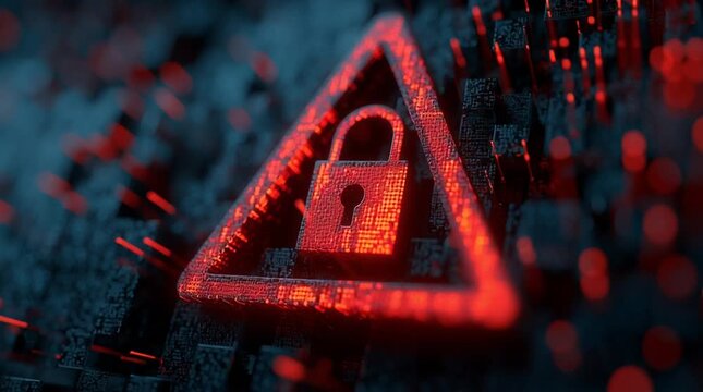 Digital padlock warning triangle over code highlights ransomware breach and urgent cybersecurity threat detection