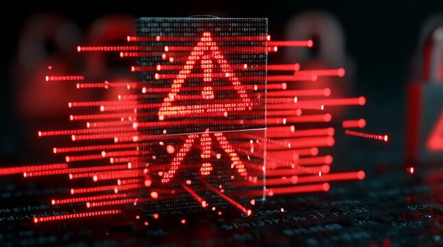Digital padlock warning triangle over code highlights ransomware breach and urgent cybersecurity threat detection