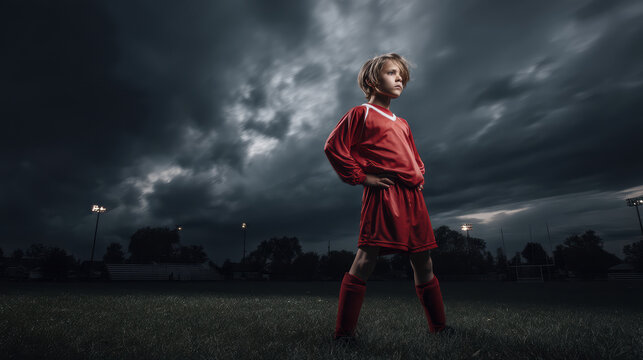 A determined young boy dressed in a red soccer uniform stands proudly on a grassy field under a dramatic stormy sky, ready for the competition ahead of him.