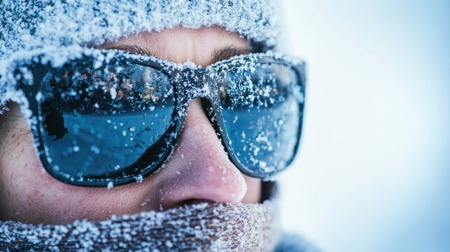 A person looking cautiously into a glaring snowfield wearing dark sunglasses and protective winter clothing