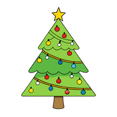 Cartoon christmas tree decorated with ornaments and lights isolated on white background