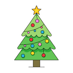 Cartoon christmas tree with ornaments and star isolated on white background