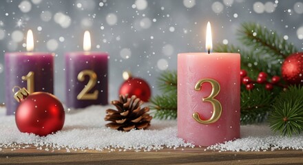 Gaudete Sunday week - Third Sunday of Advent concept. Pink candle with golden number 3 counting down to Christmas. Gaudete Sunday religious background with snow and red ornaments