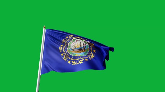 New Hampshire flag 4K video on a greenscreen, flag of New Hampshire with no background, waving in the wind, american state flag on a blue sky, tall flagpole, USA, US patriotism