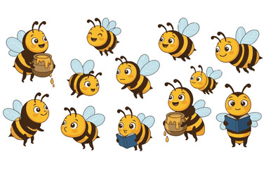 Fototapeta premium Set of cartoon bee mascot. A small bees flying on a dotted route. Wasp collection. Vector characters. Incest icon. Template design for invitation, cards. Doodle style