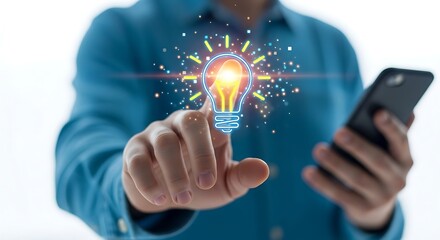 Businessman touching glowing digital lightbulb icon while holding a smartphone symbolizing mobile innovation and new ideas