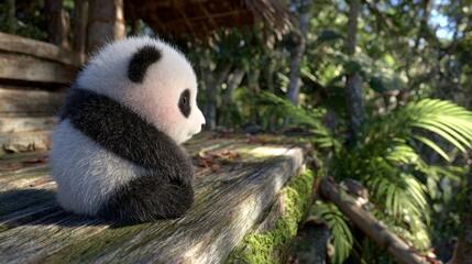Obraz premium Adorable Panda Cub Contemplating Nature from Wooden Platform.
