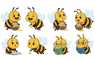 Set of cute cartoon bumble bee characters with various poses and expressions. Vector illustration.