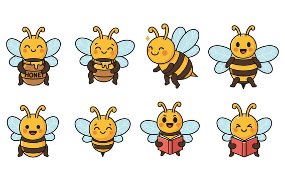 Set of cartoon bee mascot. A small bees flying on a dotted route. Wasp collection. Vector characters. Incest icon. Template design for invitation, cards. Doodle style 