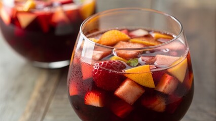 Refreshing Red Wine Sangria Cocktail With Fresh Fruit And Mint Leaves In A Glass On Wooden Table