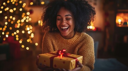 A young womanâ€™s face lit up with pure glee as she opens a surprise birthday gift in a warmly decorated room