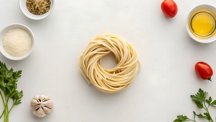 Round Nest of Raw Spaghetti Pasta Surrounded by Ingredients for Italian Cuisine Recipe Overhead View