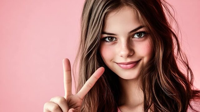 A young woman poses with her hand making the classic 'peace' sign gesture