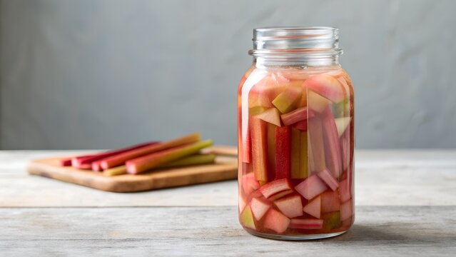 Rhubarb Chunks in Jar Beside Stalks on Wooden Cutting Board Rustic Kitchen Table