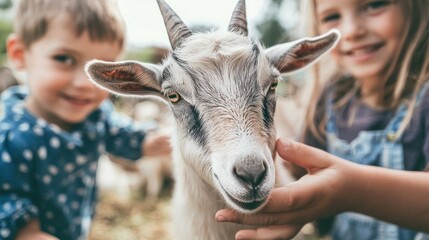 Children Petting Goats During Visit