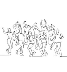 Fototapeta premium A vibrant line art illustration depicting a diverse group of happy people, including men and women, jumping and celebrating with joy.