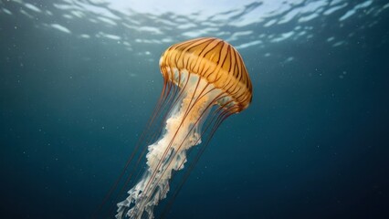 A vibrant orange jellyfish swimming gracefully in the deep blue ocean.