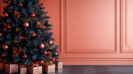 Christmas tree adorned with copper ornaments and twinkling lights, wrapped gifts at its base against a coral pink panel wall, elegant festive holiday scene with copy space
