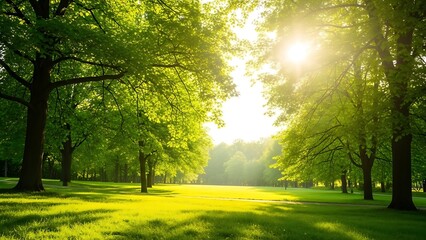 Golden sunlight streams through lush green trees on a peaceful park lawn