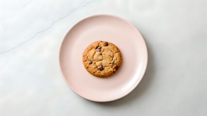 A Single Chocolate Chip Cookie on a Light Pink Plate on a White Marble Surface