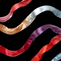 Flowing colorful satin ribbons wave dynamically against a stark abstract design