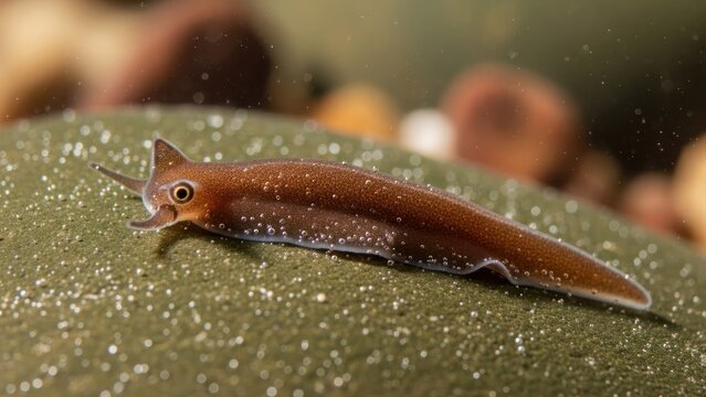 A brown slug with a long, slimy body and a small, pointed head, crawling on a green, smooth surface with small, white, sparkly particles around it.