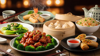 chinese food on the table, chinese traditional food, chinese cuisine feast with dim sum and fried rice, traditional asian food spread on wooden table, steamed dumplings with stir-fry and spring rolls